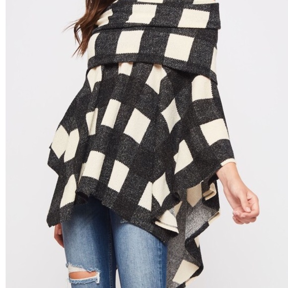 Plaid Off the Shoulder Sweater Poncho - Picture 2 of 5